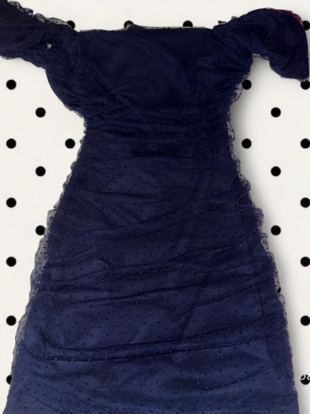 Windsor Navy Off-Shoulder Dotted Mesh Backless Dress